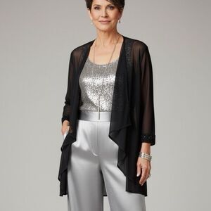 R&M Richards Kimono Sheer Evening Black 3/4 Sleeve Glitter Mesh 14